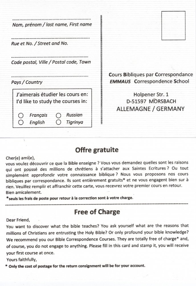 Bibelkurs-Bestellkarte - Franz�sisch