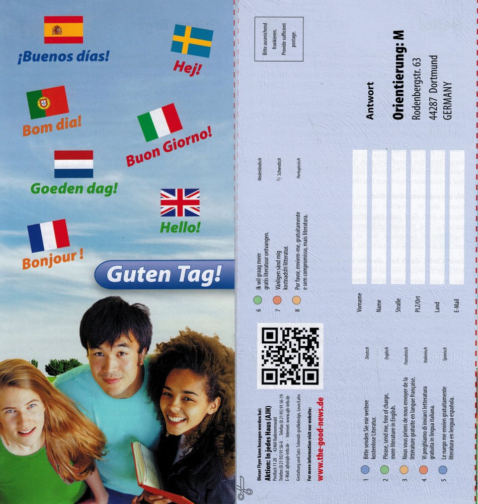 Traktat AJH-8 Sprachen-Flyer -Guten Tag- f�r WEST-EUROPA - International